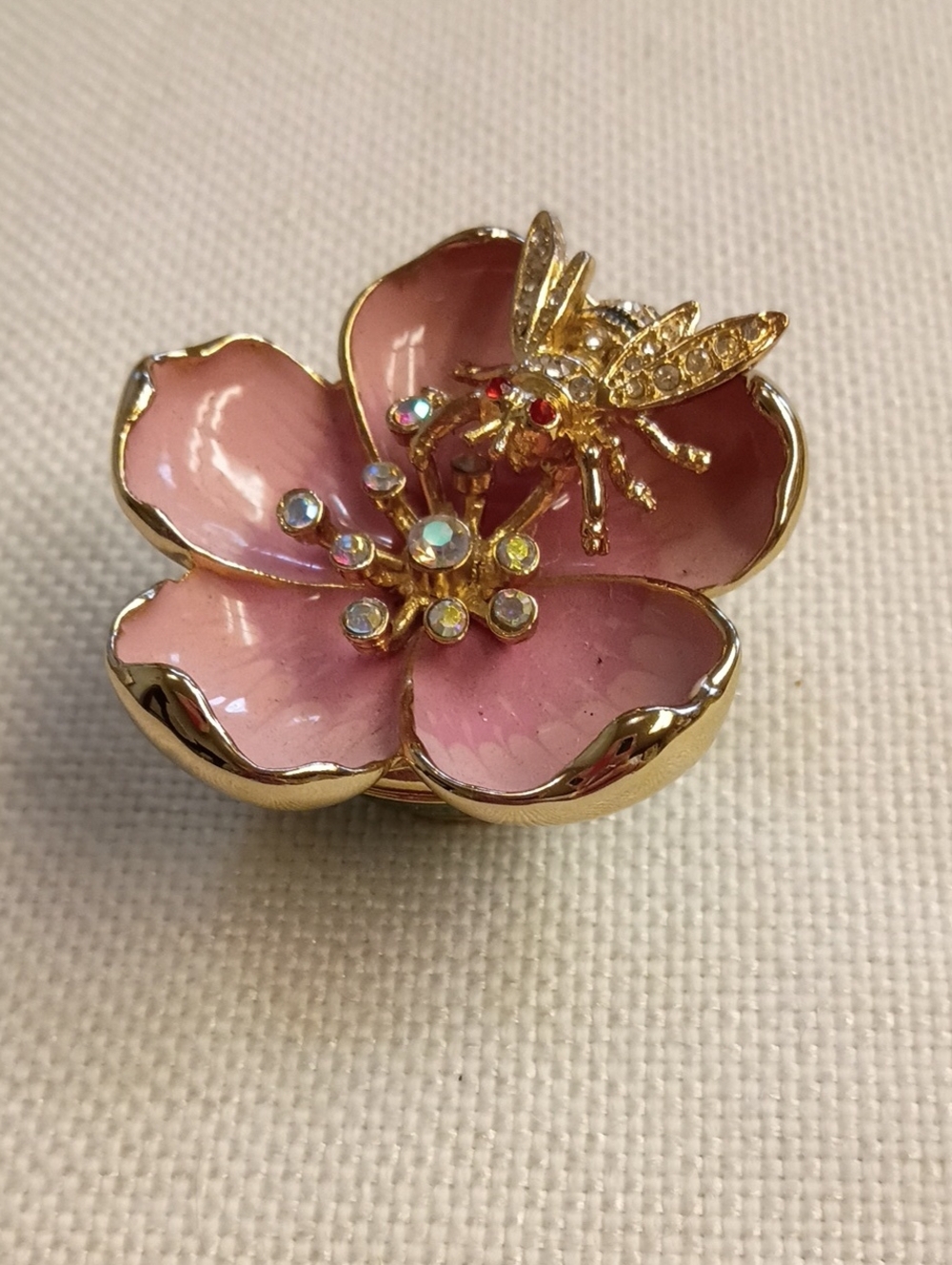 MMARC Porcelain Trinket Box, Pink Flower With Rhinestones And Bee, Signed